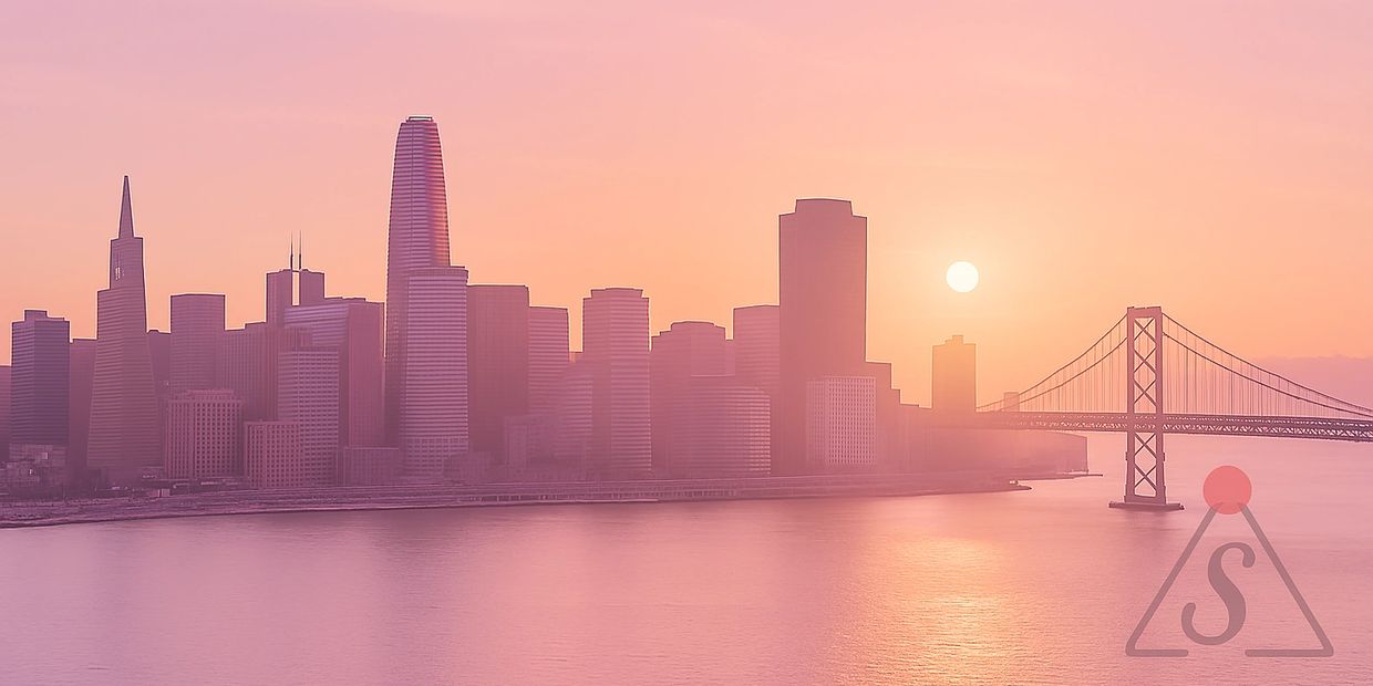 San Francisco skyline at sunset with the Bay Bridge and soft pink hues.