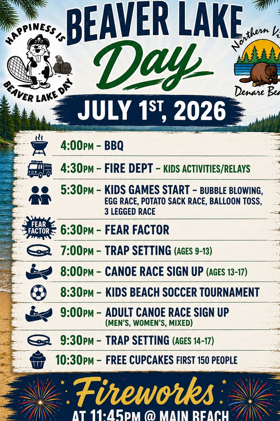 Beaver Lake Day event with games, races, and fireworks on July 1, 2026.