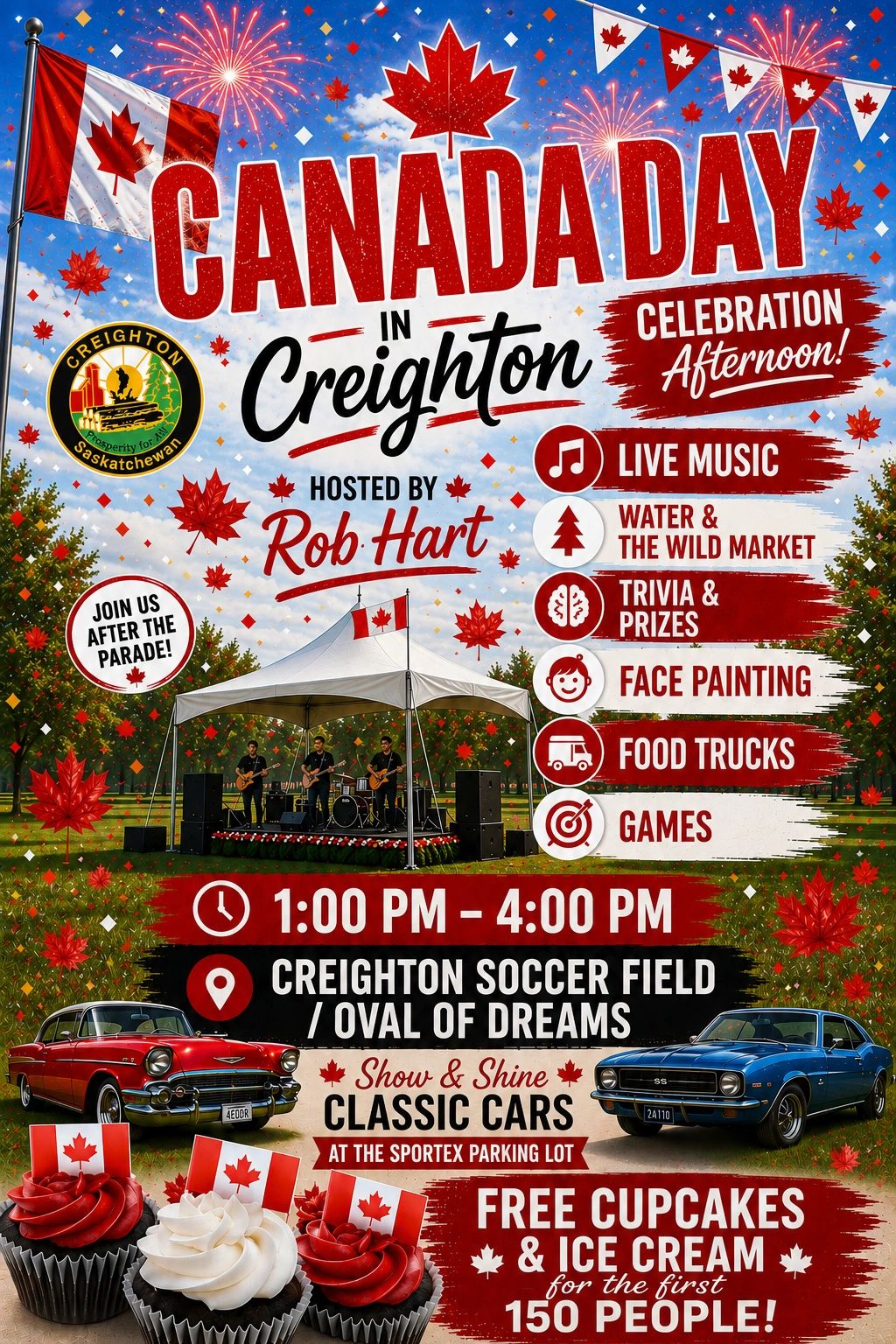 Canada Day celebration in Creighton with live music, food trucks, and free treats.