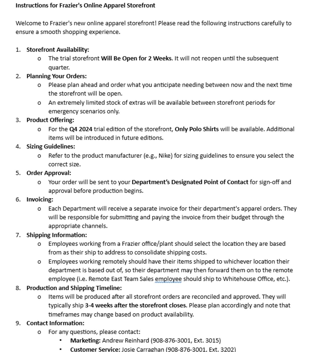 Instructions for Frazier's online apparel storefront with ordering and shipping details.
