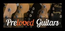 A lineup of guitar headstocks with the text 'Preloved Guitars'.