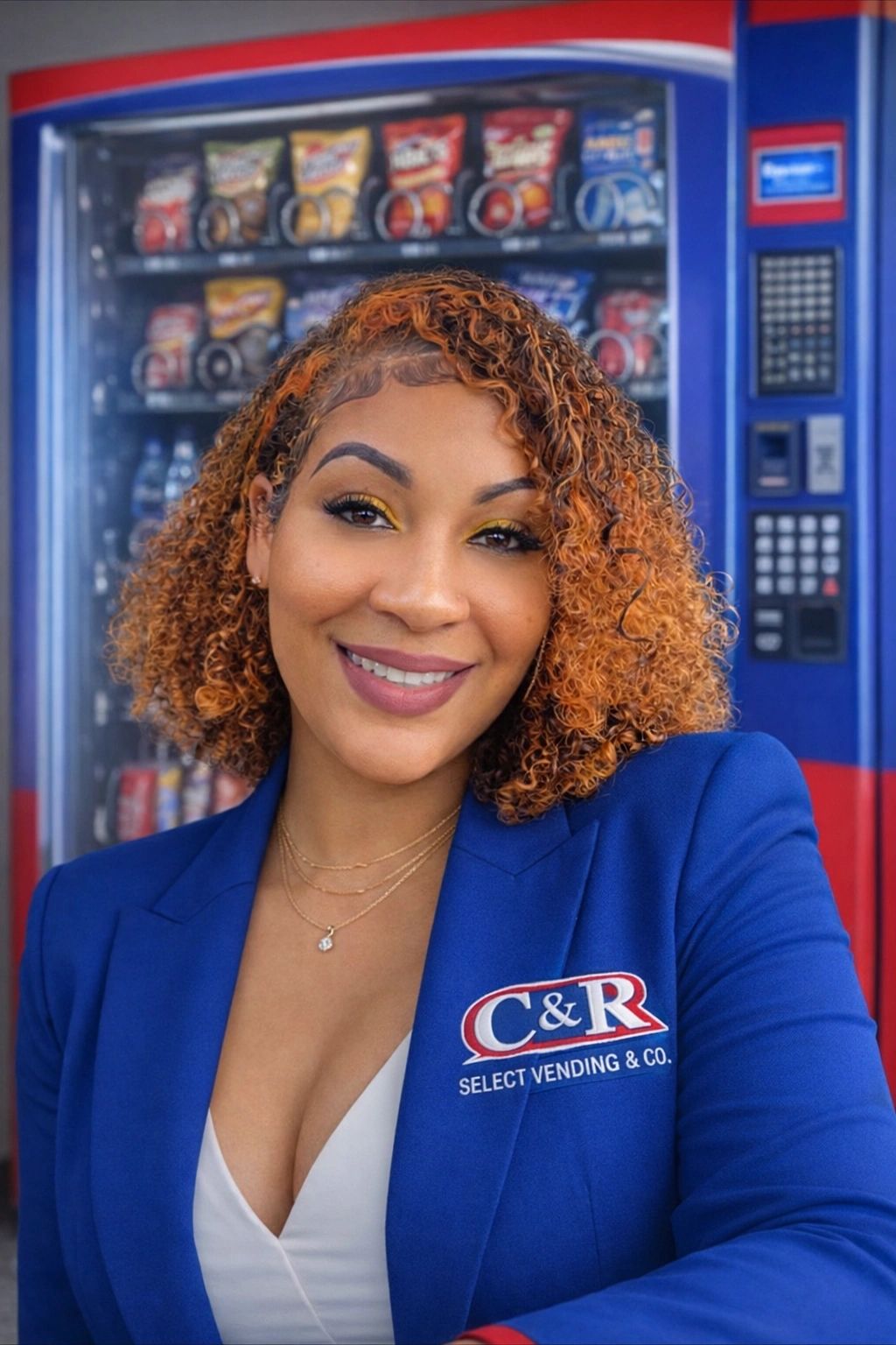 Smiling woman in a blue blazer standing in front of a vending machine.