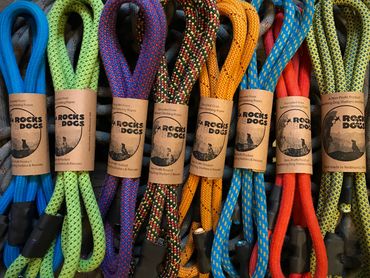 Colorful ropes donated by local climbing gyms turned into leashes.