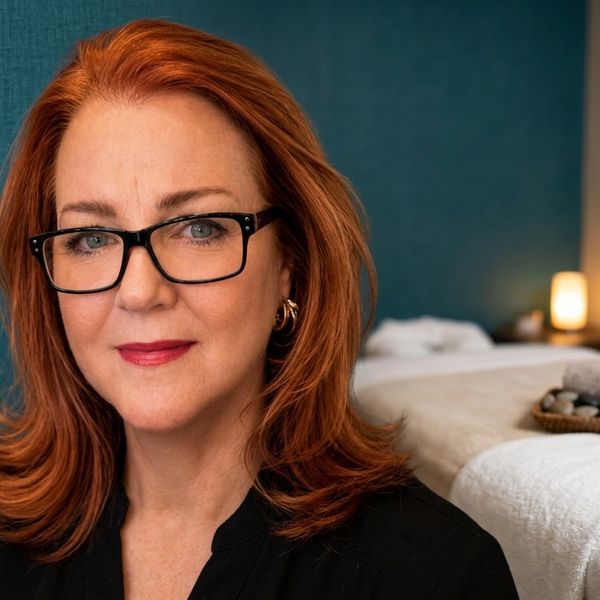Confident woman with red hair and glasses in a cozy indoor setting.