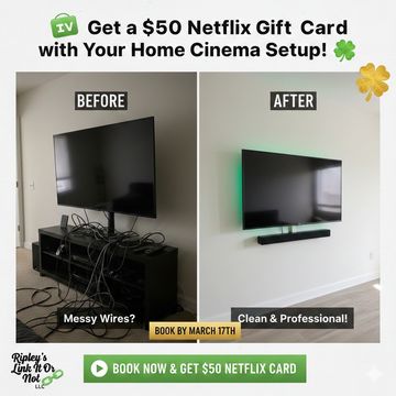 Before and after home cinema setup showing messy wires versus clean installation.