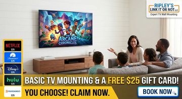 Family enjoying TV mounted on wall with free $25 gift card offer from Ripley's Link It Or Not.