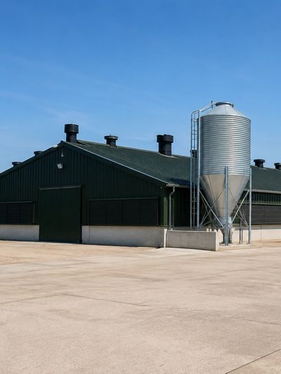 Industrial building with metal silo on a clear day.