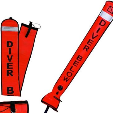 Bright orange diver safety markers with "DIVER BELOW" text.
