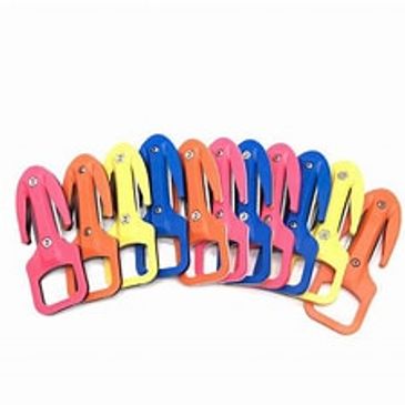 Colorful plastic bag sealing clips in various colors arranged in a row.