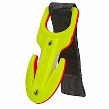 Bright yellow safety cutter with black strap for secure handling.