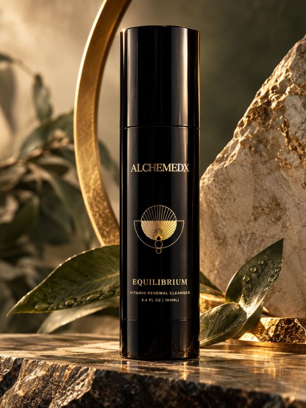 Luxury Alchemedx Equilibrium skincare product on marble.