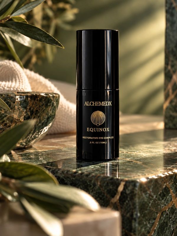 Black Alchemex Equinox eye cream bottle on a marble surface.