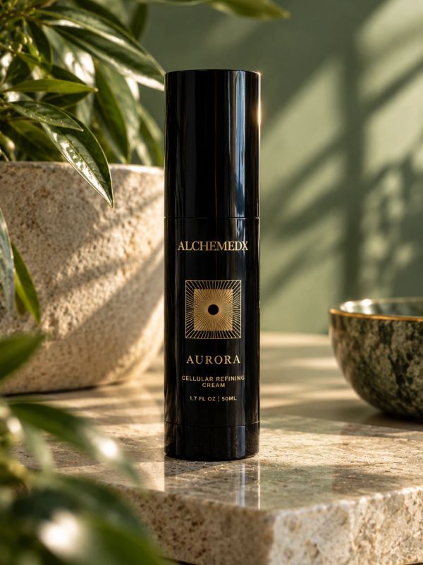 Black bottle of Alchemedx Aurora Cellular Refining Cream.