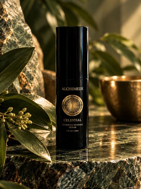 Alchemedx Celestial serum bottle on marble surface.