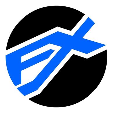 Blue and black graphic logo with stylized letters.