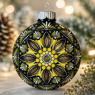 Decorative Christmas ornament with intricate yellow and black floral design.