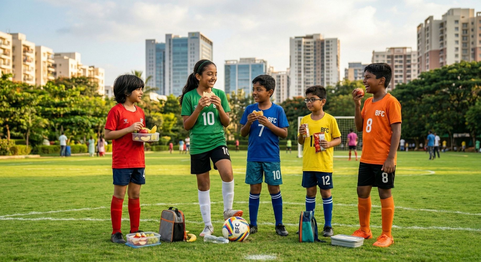 Children in colorful soccer uniforms enjoying snacks on a grassy field.