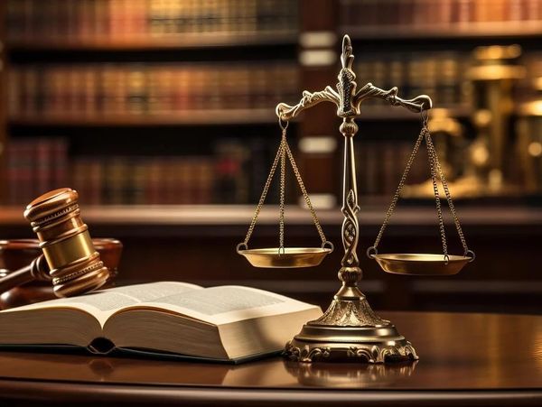 A gavel, open book, and scales of justice on a wooden desk with bookshelves in the background.