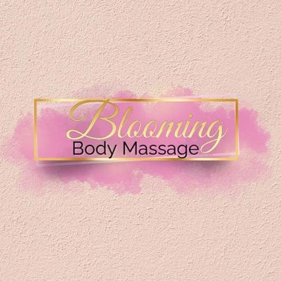 Elegant logo for Blooming Body Massage with soft pink and gold tones.