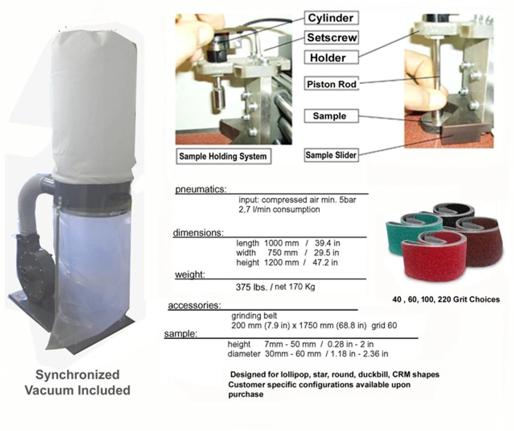Vacuum system with sample holding and various sanding belt grit options.