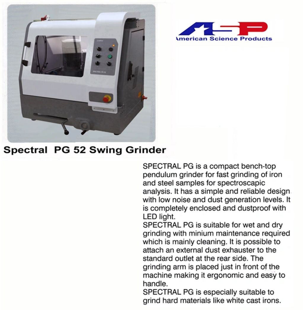 Spectral PG 52 Swing Grinder for fast, dustproof grinding of iron and steel samples.