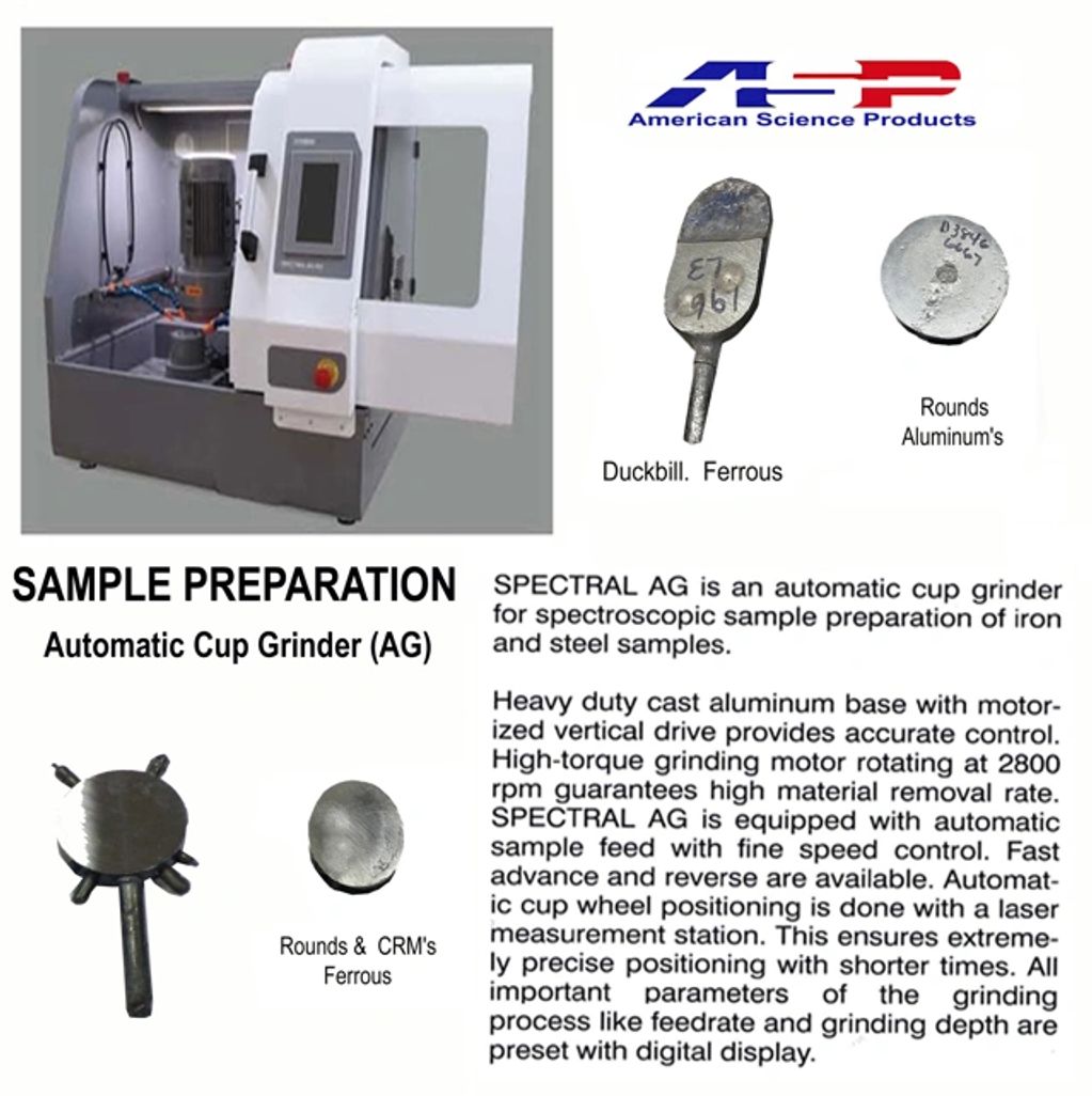 Automatic cup grinder for precise sample preparation of iron and steel.
