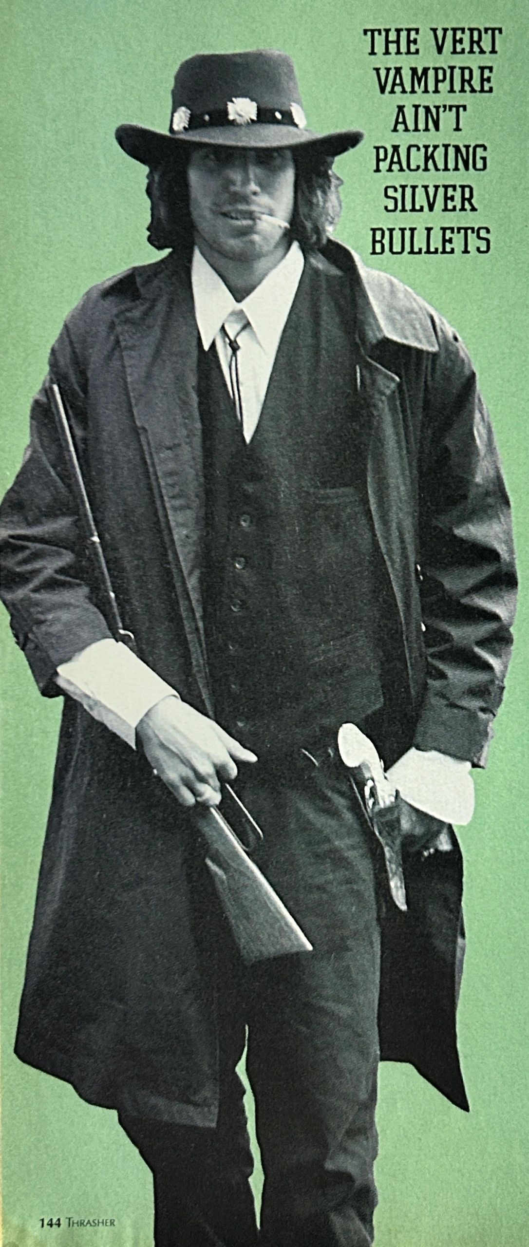 Man in vintage western attire holding a rifle with text about a vampire.