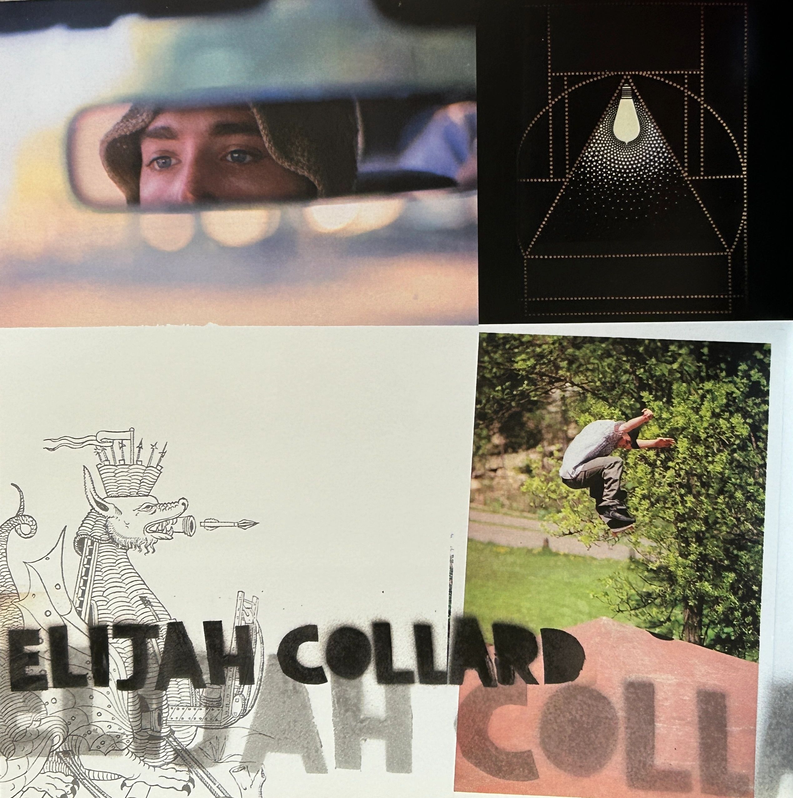 Collage of diverse images including a reflective face, geometric art, and park scene.