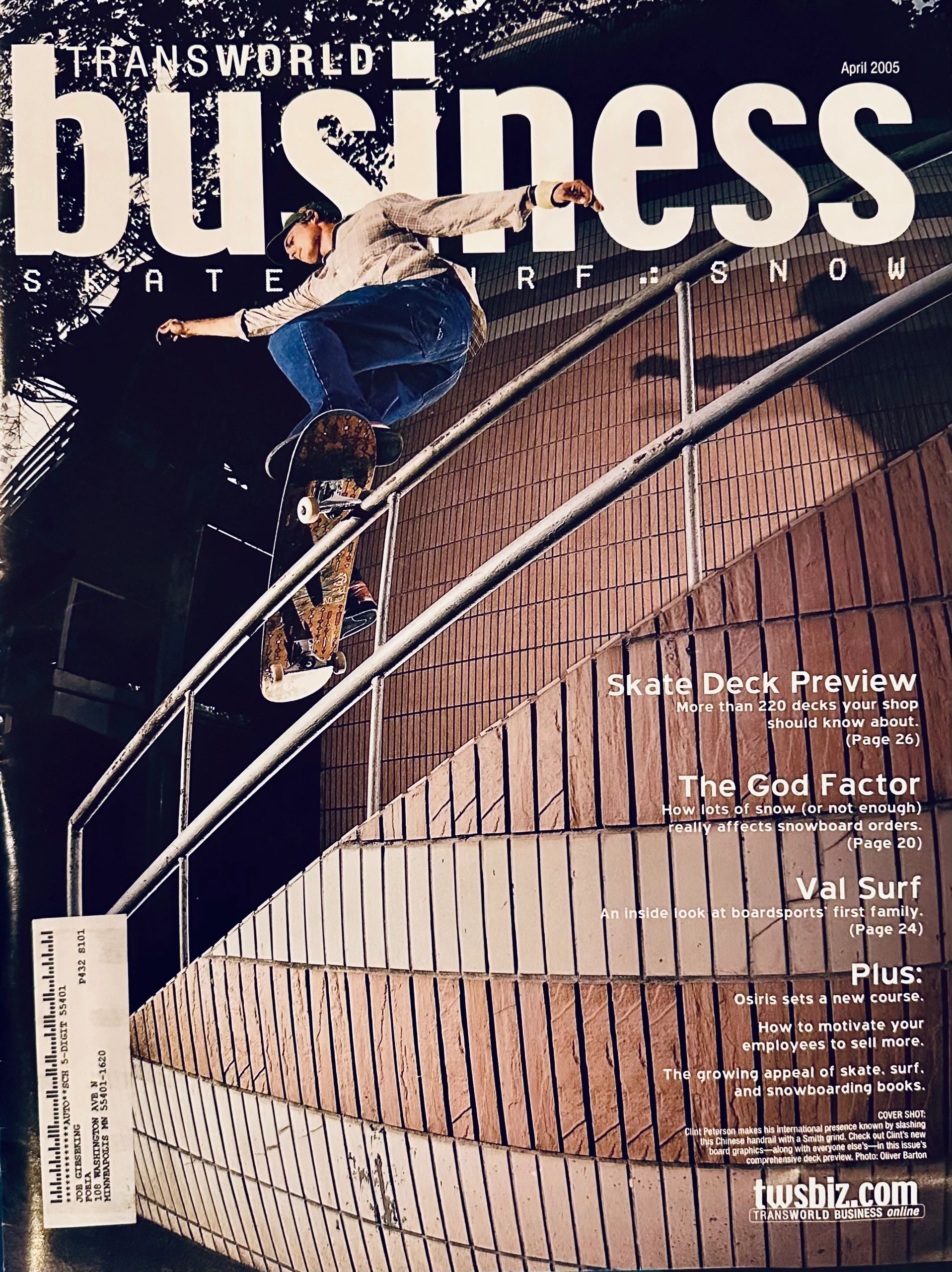 Skateboarder grinding a handrail on Transworld Business magazine cover, April 2005.