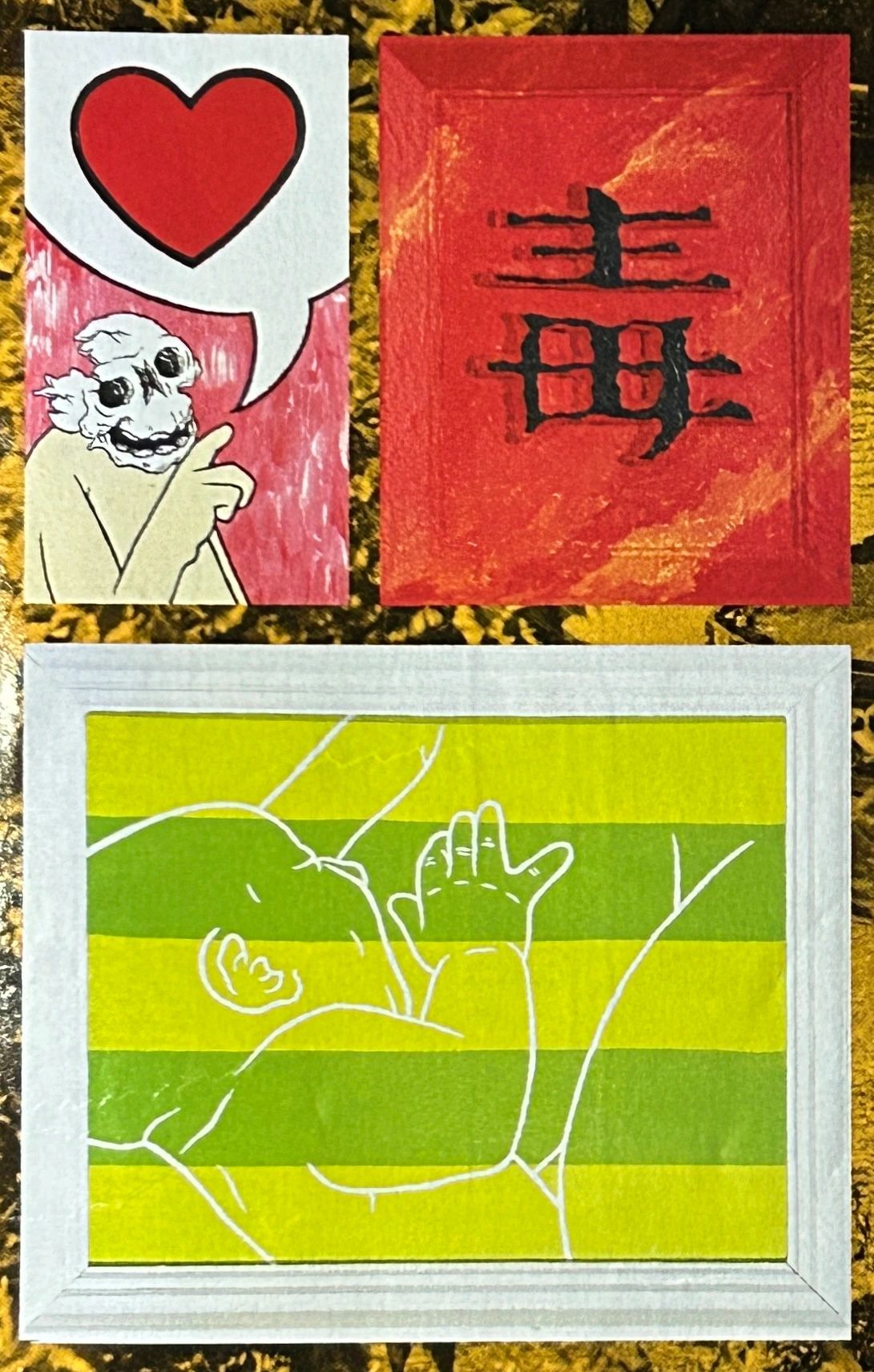 Three colorful framed artworks with unique designs and themes.