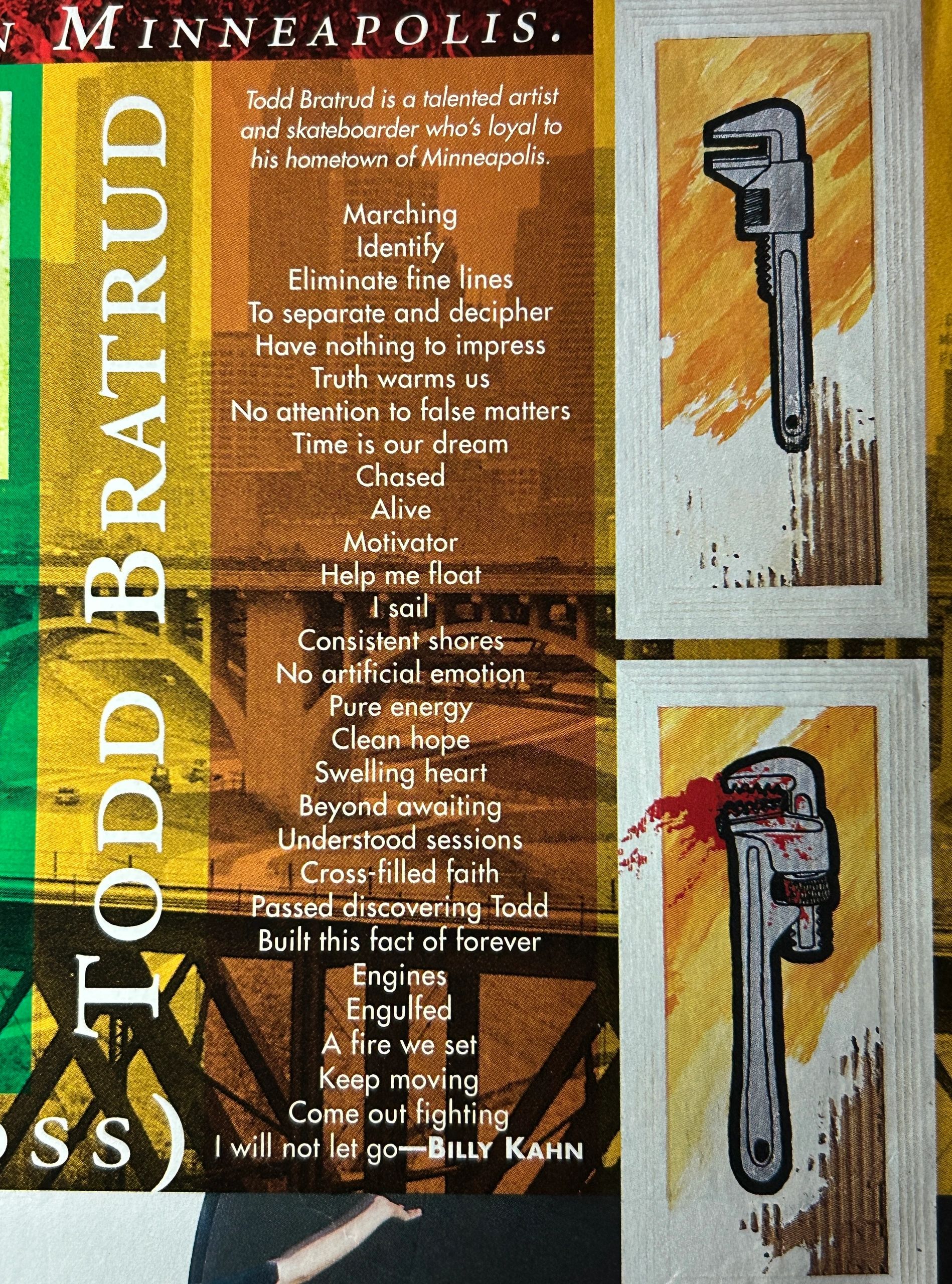 Poem by Billy Kahn honoring artist Todd Bratrud with wrench illustrations.