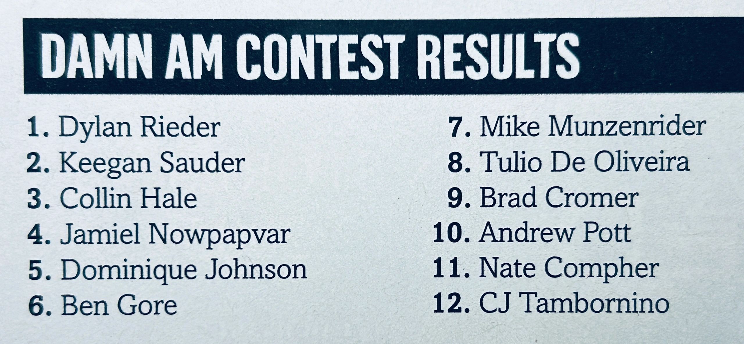 List of winners from the DAMN AM contest.