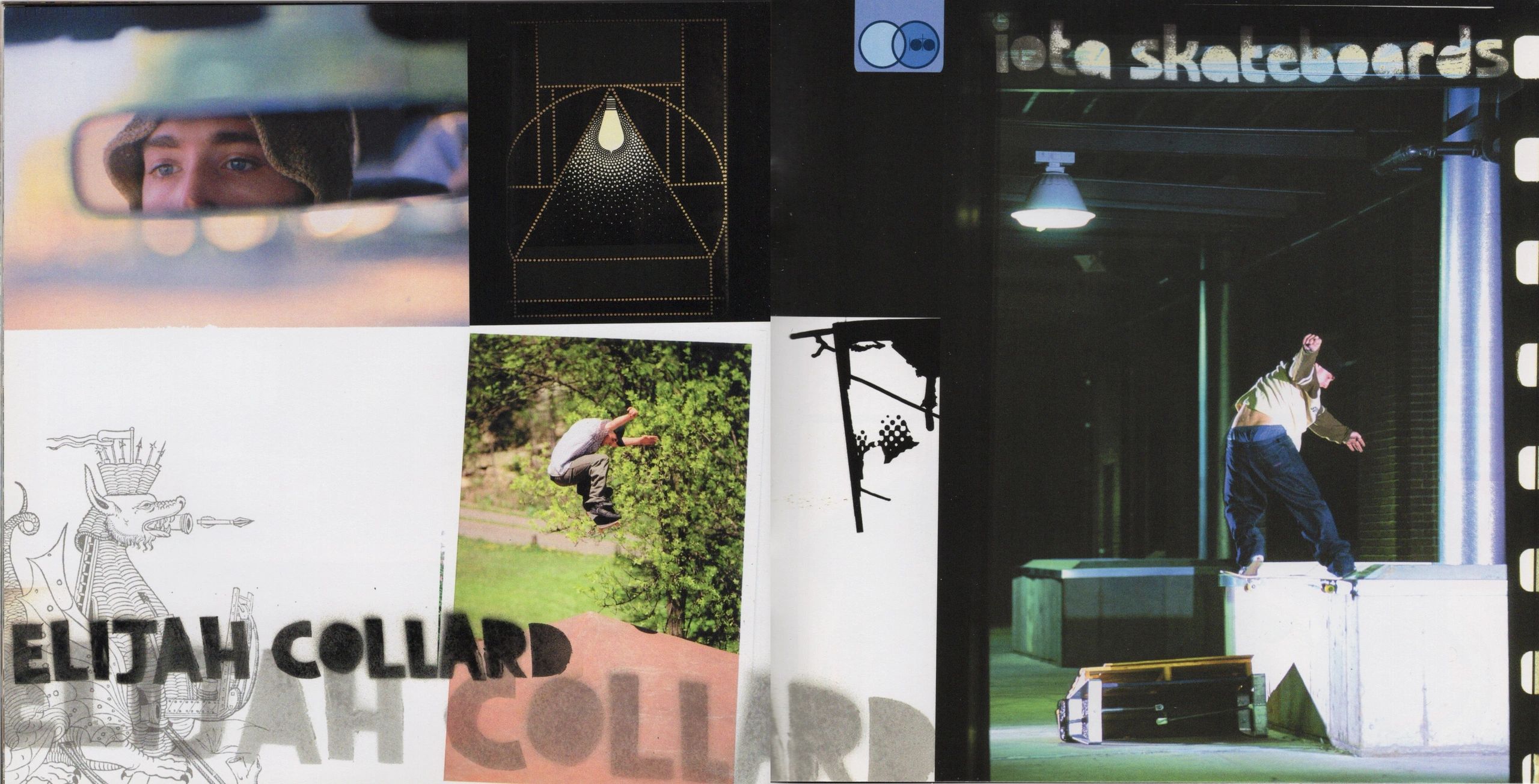 Skateboarder Elijah Collard performing tricks with artistic collage background.