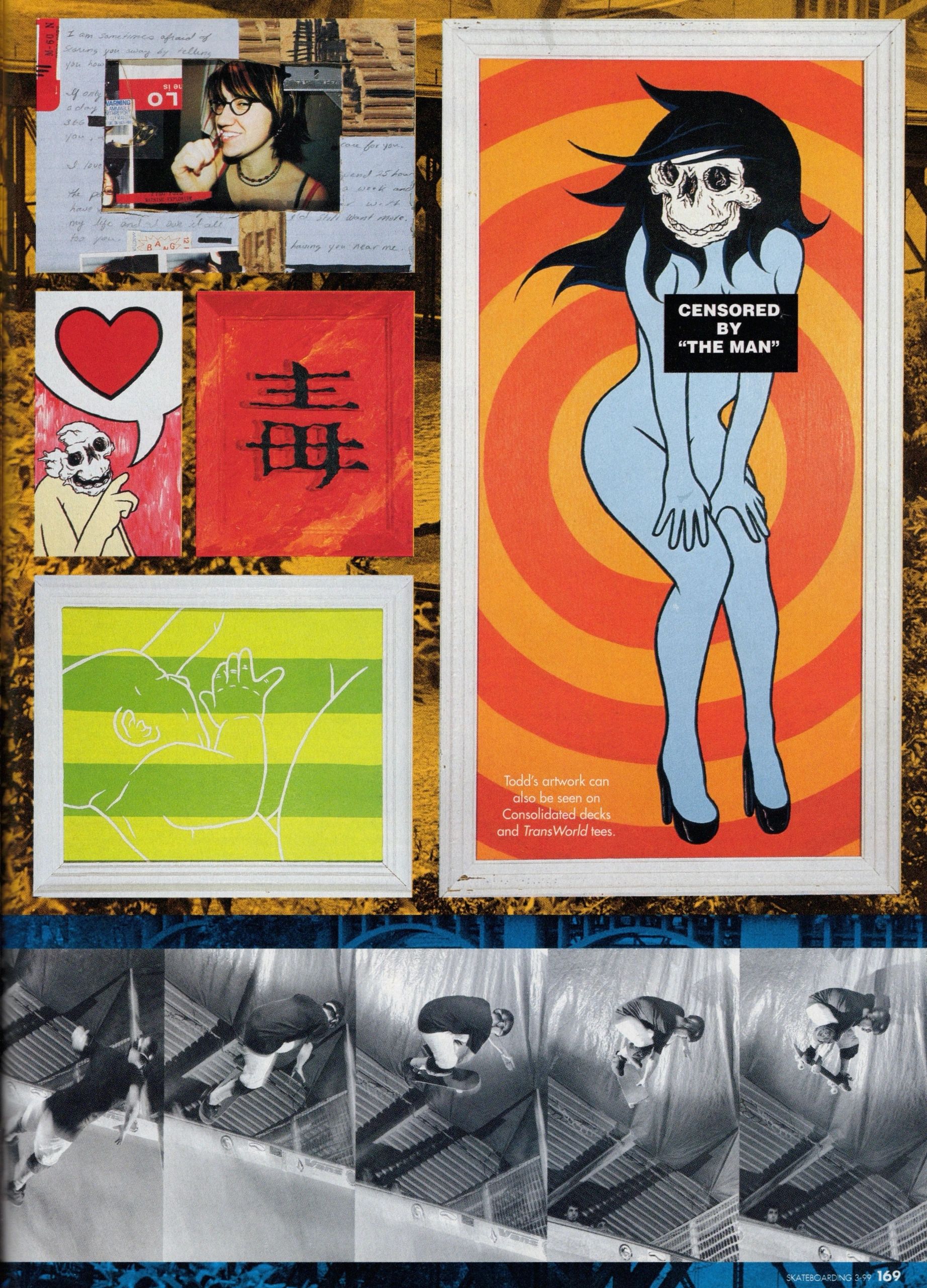 A collage of colorful artworks and a sequence of black-and-white skateboarding photos.
