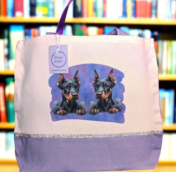 Doberman puppy colored hand bag tote with silver rhinestones for flash.