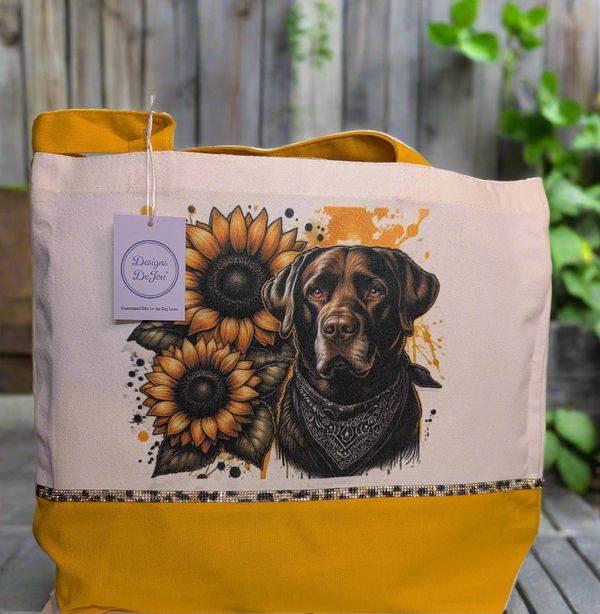 Chocolate Lab with sunflowers on hand bag tote embellished with rhinestones.