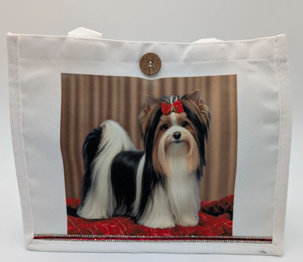 Biewer Terrier themed for Christmas on this canvas tote, embellished with red and clear rhinestones.