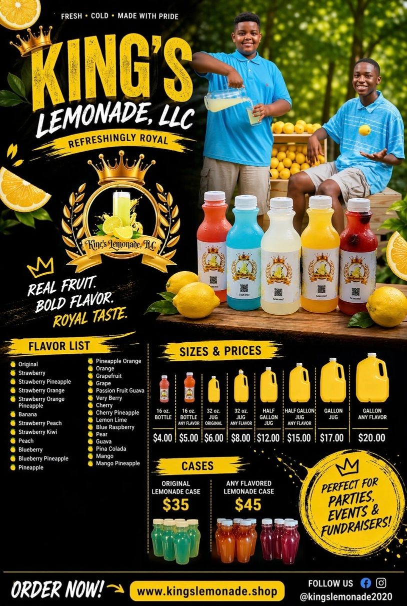 Two boys promoting King's Lemonade with various flavors and sizes.