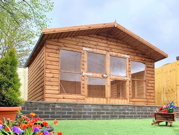 WUBI Cabins and Leisure Timber Garden Summer House, with Apex roof, double doors and windows.