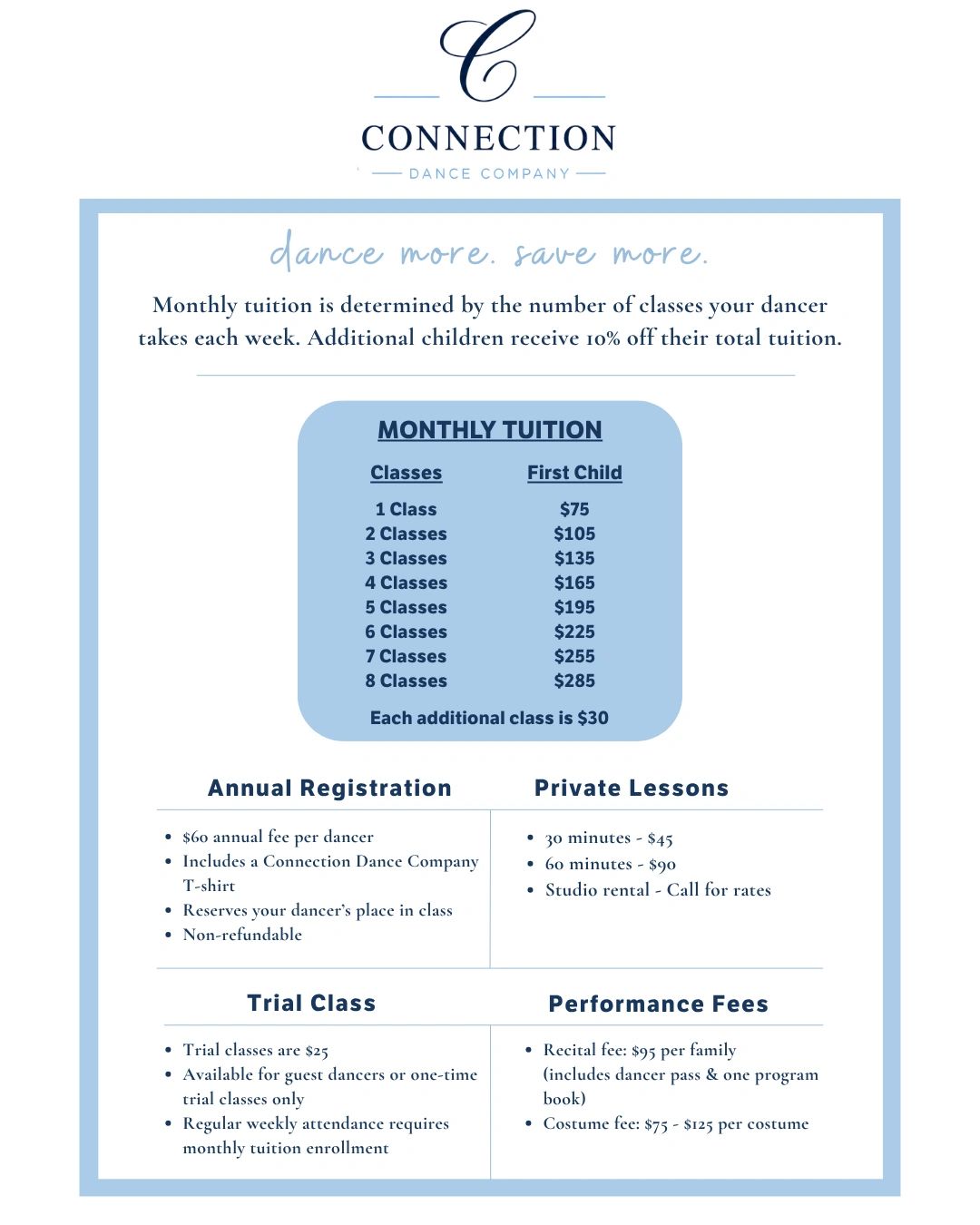 Dance classes pricing and policies for Connection Dance Company.