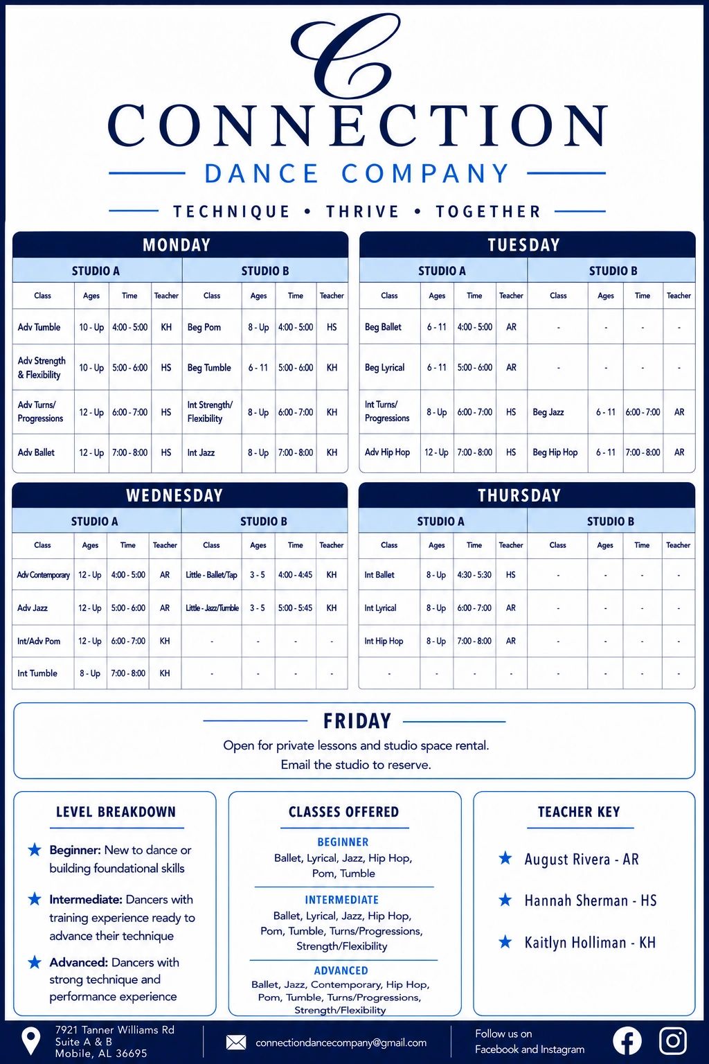 Weekly schedule for Connection Dance Company classes and teachers.