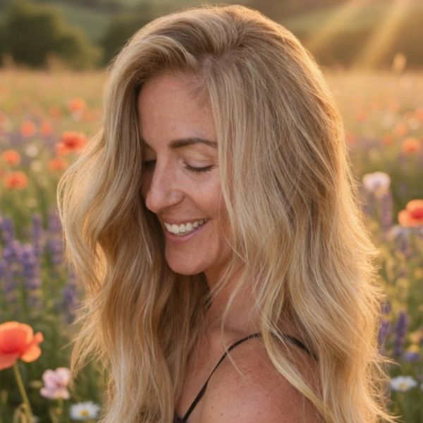 Blonde woman smiling in a flower field at sunset.