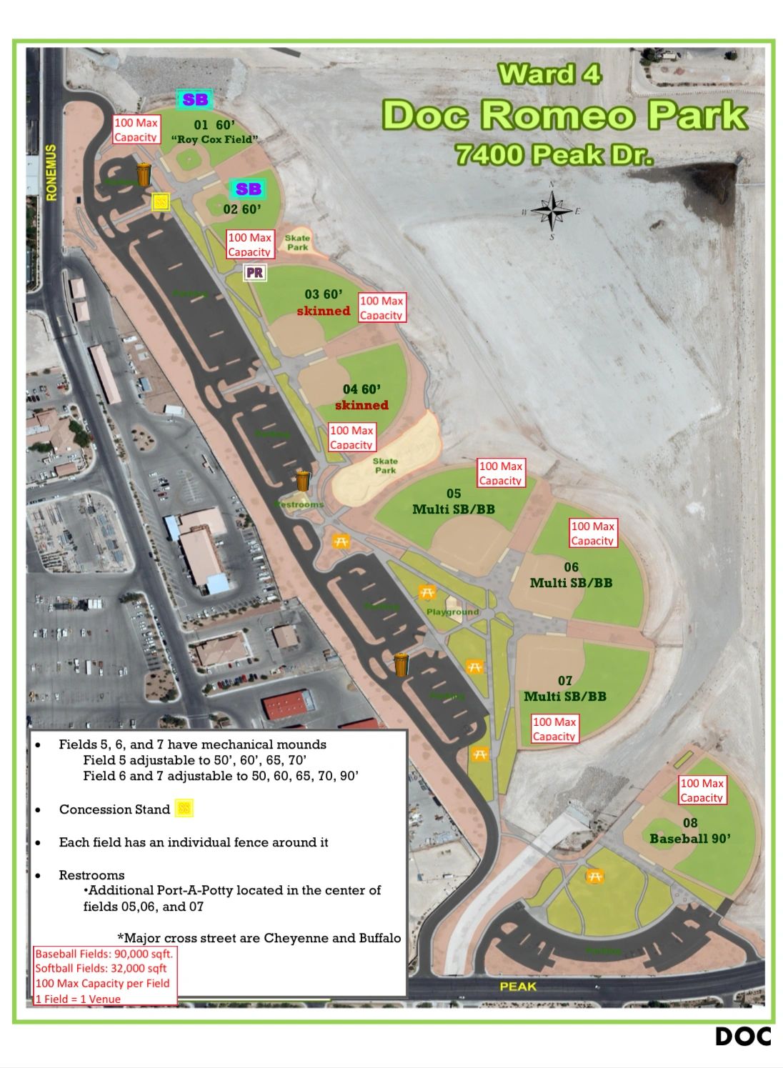 Overview map of Doc Romeo Park with baseball and softball fields, playground, skate parks, and amenities.