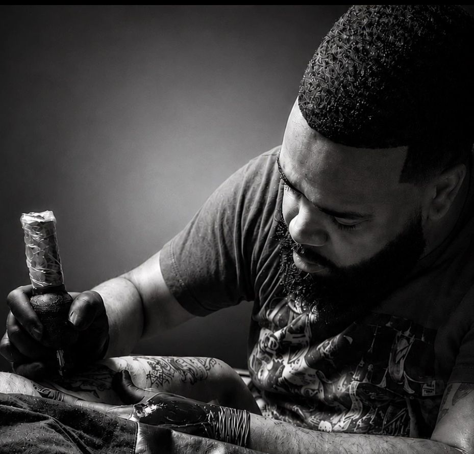 Man focused on tattooing in black and white photo.