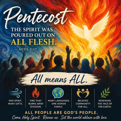 Illustration of Pentecost with a dove and fiery spirit over a diverse crowd raising hands.