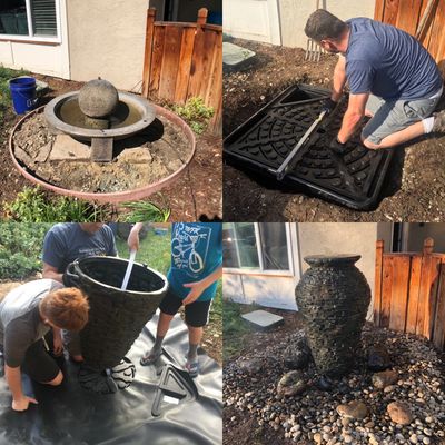 front yard stack-slate urn water feature installation process