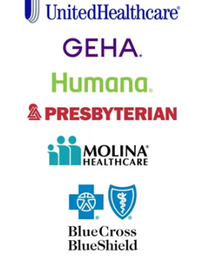 United Healthcare, GEHA, Humana, Presbyterian, Molina, BCBS logos. 