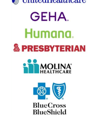 United Healthcare, GEHA, Humana, Presbyterian, Molina, BCBS logos. 