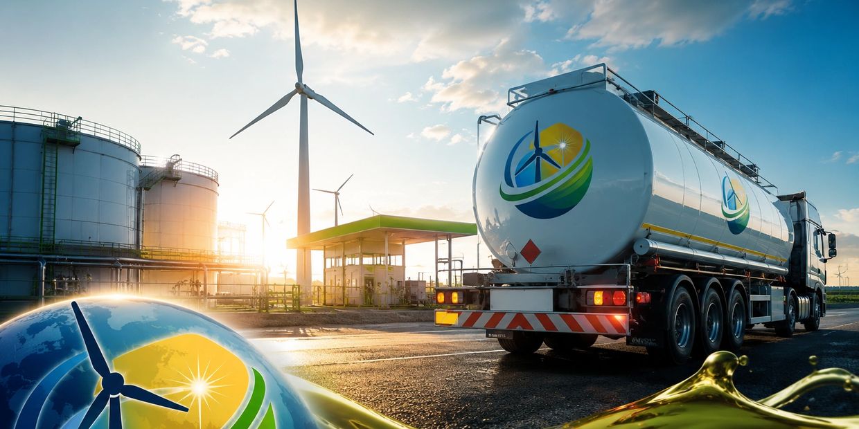 Fuel tanker with a wind energy logo near wind turbines and storage tanks at sunset.