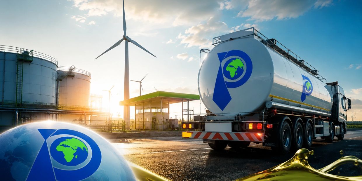 Fuel tanker truck at wind farm with tanks and sunset.